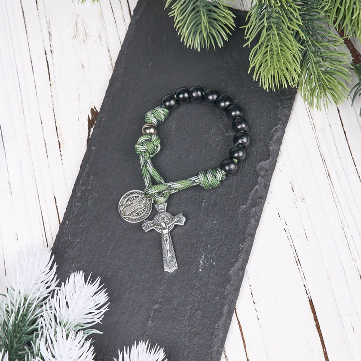 FREE Today: St. Benedict Medal & Crucifix of 10 mm Round Black Wood Green Paracord Pocket Rosary