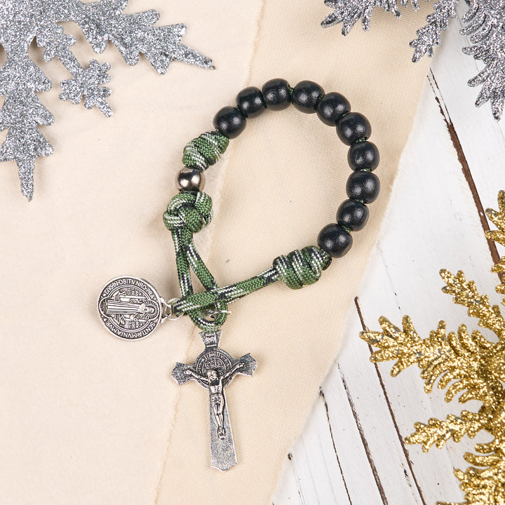 FREE Today: St. Benedict Medal & Crucifix of 10 mm Round Black Wood Green Paracord Pocket Rosary