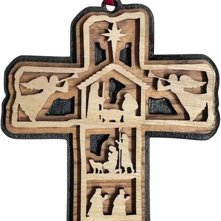 Christianartworkshop Classic Style Cross Nativity Scene Angel Lamb Christmas Nativity Hanging Ornaments