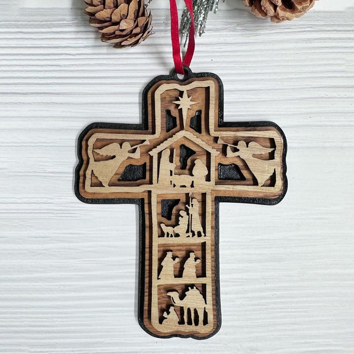 Christianartworkshop Classic Style Cross Nativity Scene Angel Lamb Christmas Nativity Hanging Ornaments