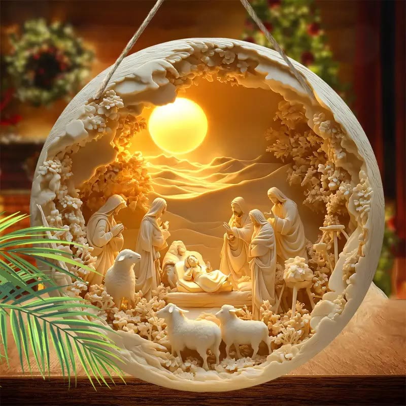 Christianartworkshop Classic Style The Holy Family Lamb 2D Christmas Nativity Hanging Ornaments