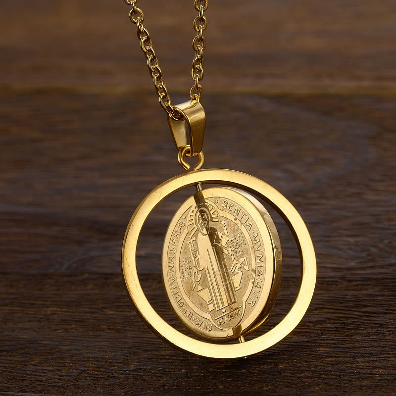 Christianartworkshop Classic Style Dual-Sided Rotatable St. Benedict Medal Pendant Necklace