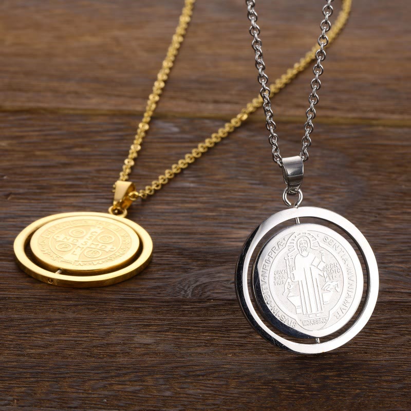 Christianartworkshop Classic Style Dual-Sided Rotatable St. Benedict Medal Pendant Necklace