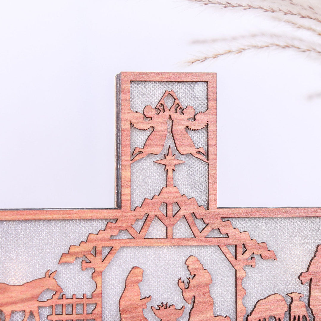 Christianartworkshop Classic Style Angels Nativity Scene Cross Light Up Wooden Desktop Decorations Ornament