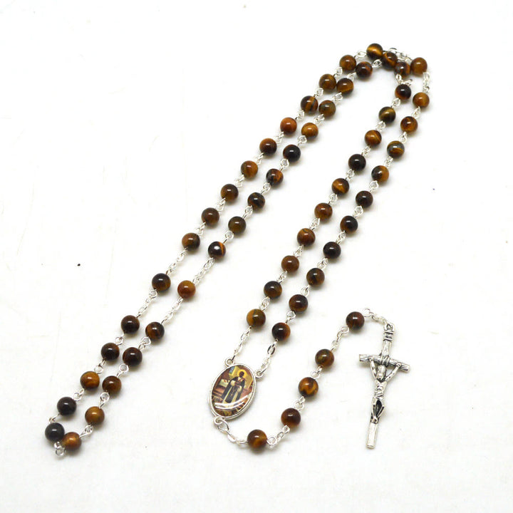 Christianartworkshop San Martin & Crucifix of 6 mm Round Brown Tiger Eye Stone Alloy Chain Rosary