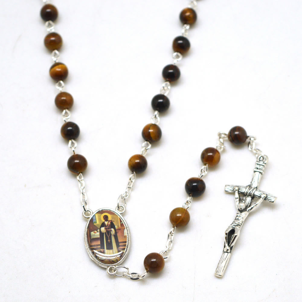 Christianartworkshop San Martin & Crucifix of 6 mm Round Brown Tiger Eye Stone Alloy Chain Rosary