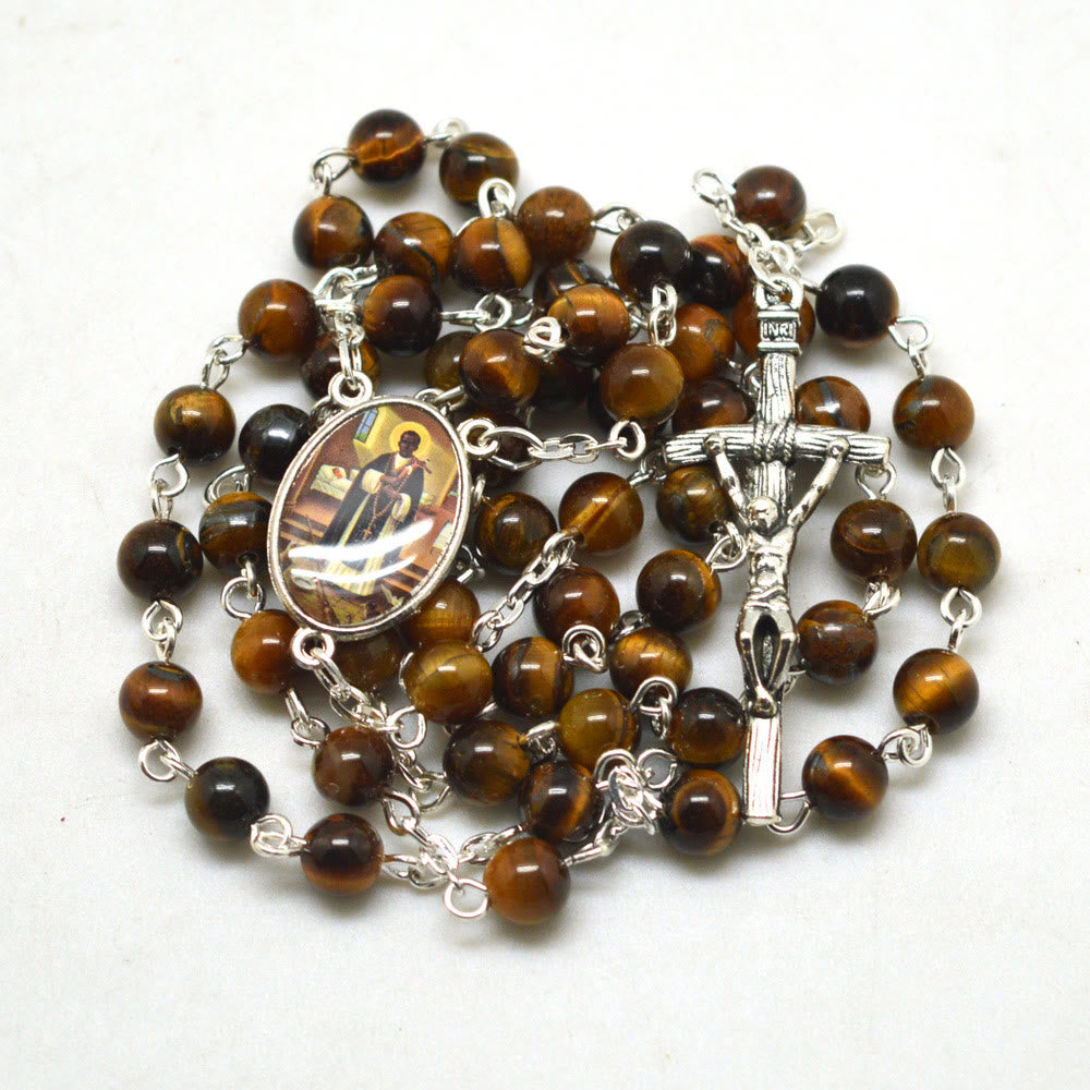 Christianartworkshop San Martin & Crucifix of 6 mm Round Brown Tiger Eye Stone Alloy Chain Rosary