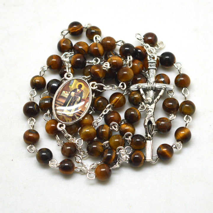 Christianartworkshop San Martin & Crucifix of 6 mm Round Brown Tiger Eye Stone Alloy Chain Rosary