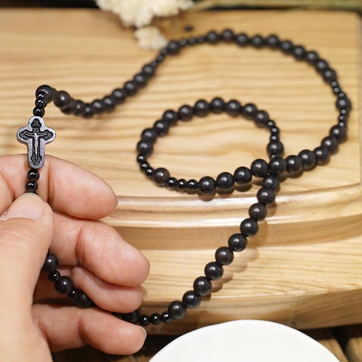 Christianartworkshop Crucifix of 6*8 mm Round Black Sandalwood Nylon Cord Rosary