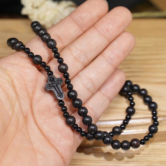 Christianartworkshop Crucifix of 6*8 mm Round Black Sandalwood Nylon Cord Rosary