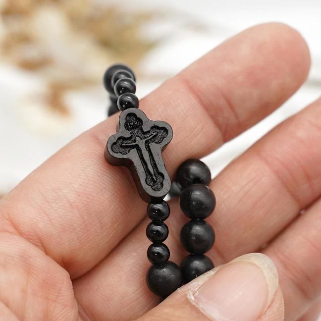 Christianartworkshop Crucifix of 6*8 mm Round Black Sandalwood Nylon Cord Rosary