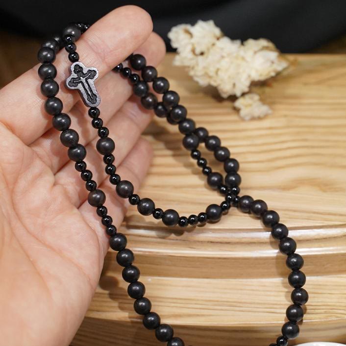 Christianartworkshop Crucifix of 6*8 mm Round Black Sandalwood Nylon Cord Rosary