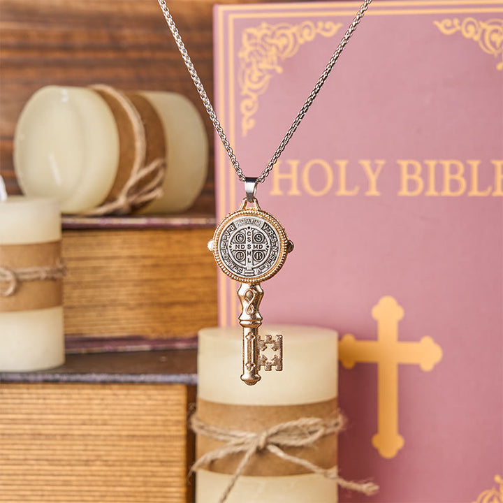 FREE Today: St. Benedict Protect us the Key of Faith Alloy Pendant Necklace