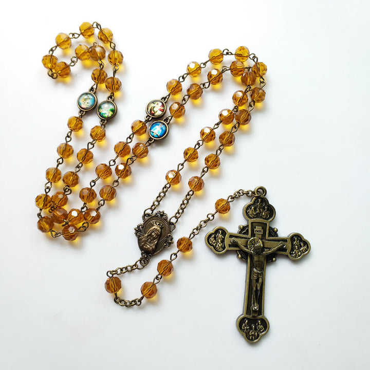 Christianartworkshop Virgin Mary & Crucifix of 8 mm Polyhedron Yellow Glass Alloy Chain Rosary