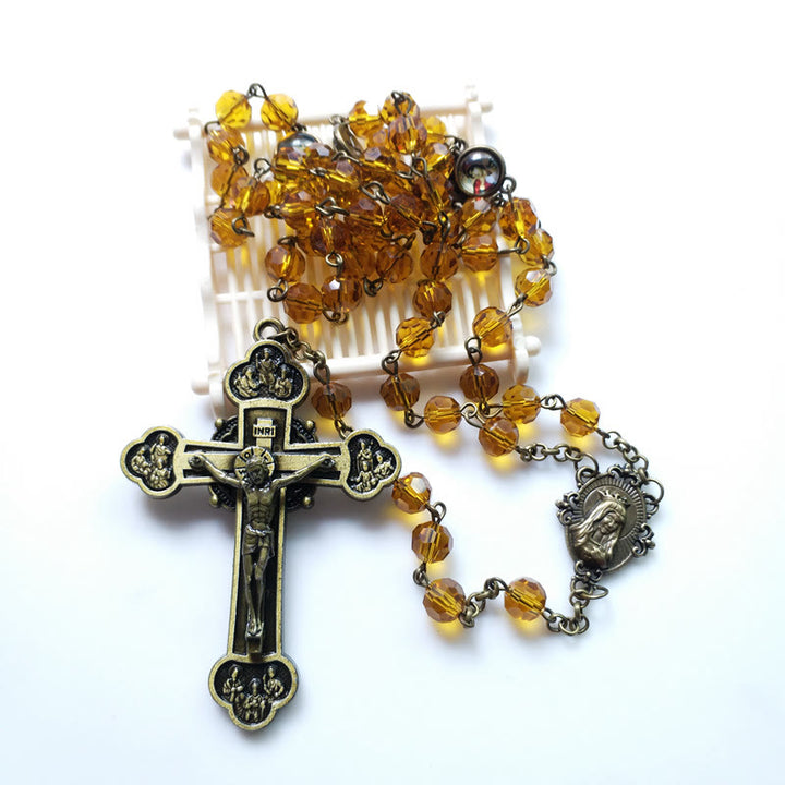 Christianartworkshop Virgin Mary & Crucifix of 8 mm Polyhedron Yellow Glass Alloy Chain Rosary