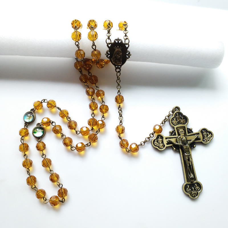 Christianartworkshop Virgin Mary & Crucifix of 8 mm Polyhedron Yellow Glass Alloy Chain Rosary