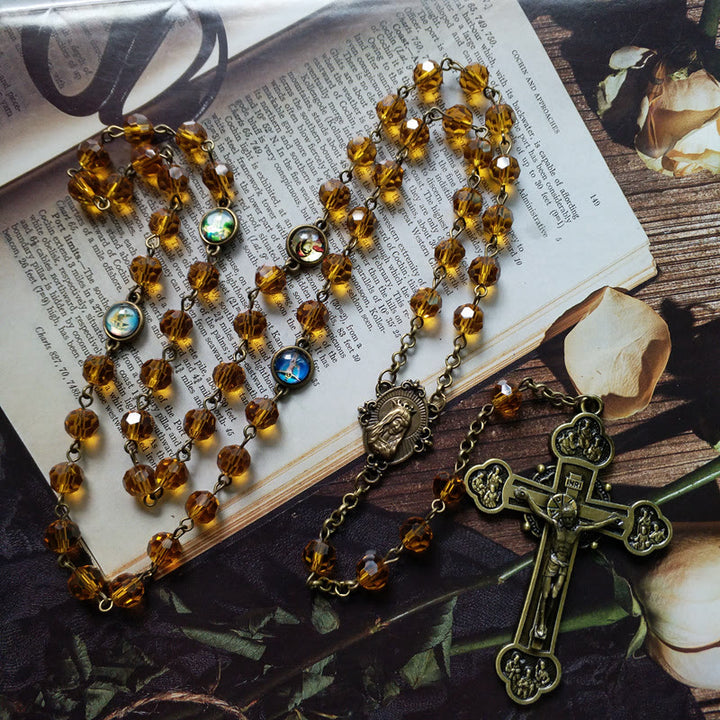 Christianartworkshop Virgin Mary & Crucifix of 8 mm Polyhedron Yellow Glass Alloy Chain Rosary