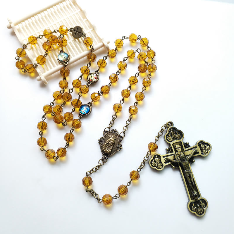 Christianartworkshop Virgin Mary & Crucifix of 8 mm Polyhedron Yellow Glass Alloy Chain Rosary