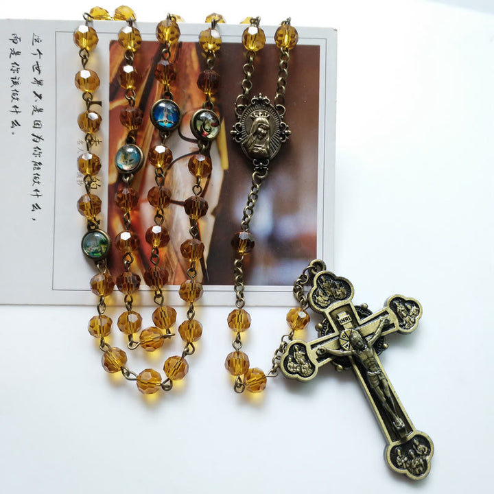 Christianartworkshop Virgin Mary & Crucifix of 8 mm Polyhedron Yellow Glass Alloy Chain Rosary