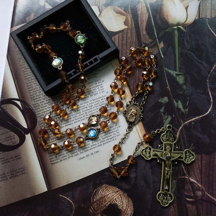 Christianartworkshop Virgin Mary & Crucifix of 8 mm Polyhedron Yellow Glass Alloy Chain Rosary