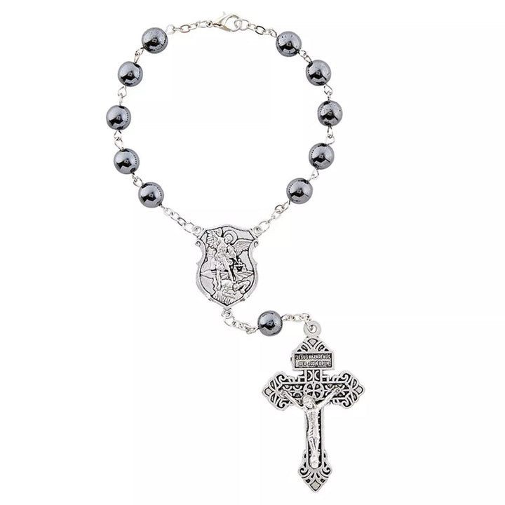 Christianartworkshop St. Michael & Crucifix of 8 mm Round Black Gallstone Alloy Chain Pocket Rosary