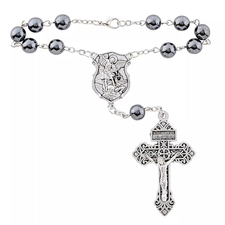 Christianartworkshop St. Michael & Crucifix of 8 mm Round Black Gallstone Alloy Chain Pocket Rosary