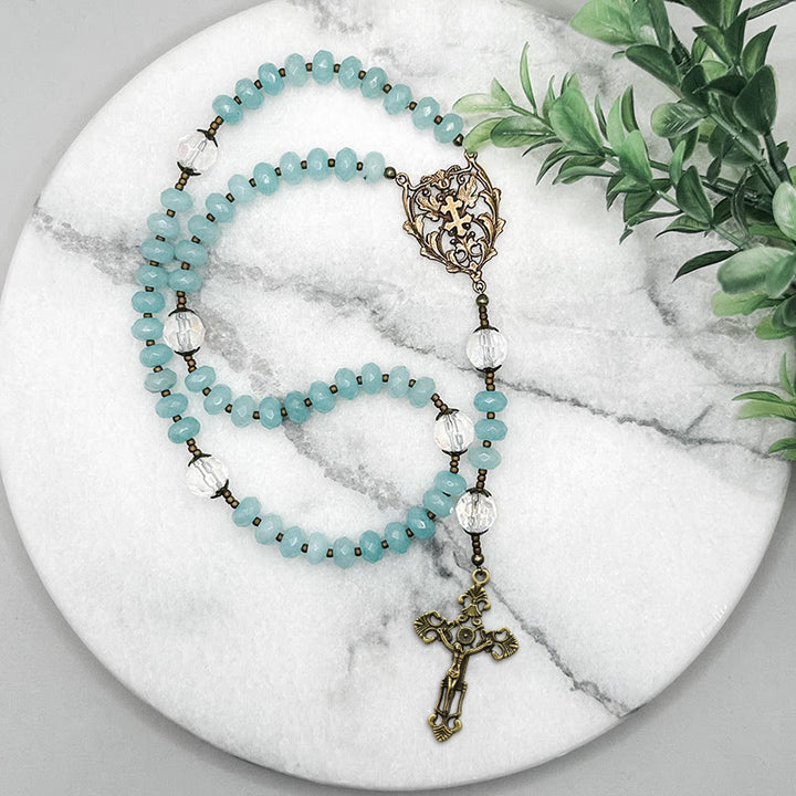 FREE Today: Lorraine Cross & Crucifix of 8 mm Rondelle Aquamarine Stone Alloy Chain Rosary