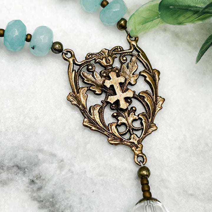 FREE Today: Lorraine Cross & Crucifix of 8 mm Rondelle Aquamarine Stone Alloy Chain Rosary