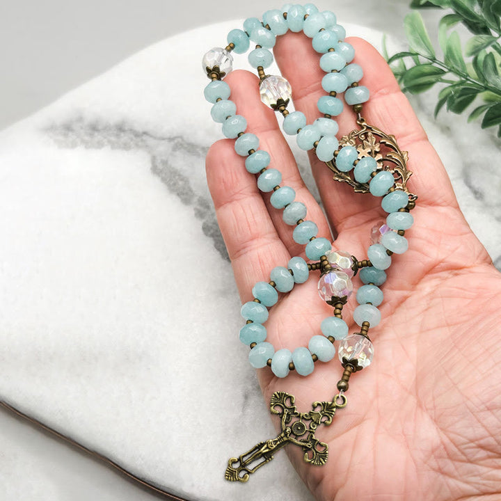 FREE Today: Lorraine Cross & Crucifix of 8 mm Rondelle Aquamarine Stone Alloy Chain Rosary