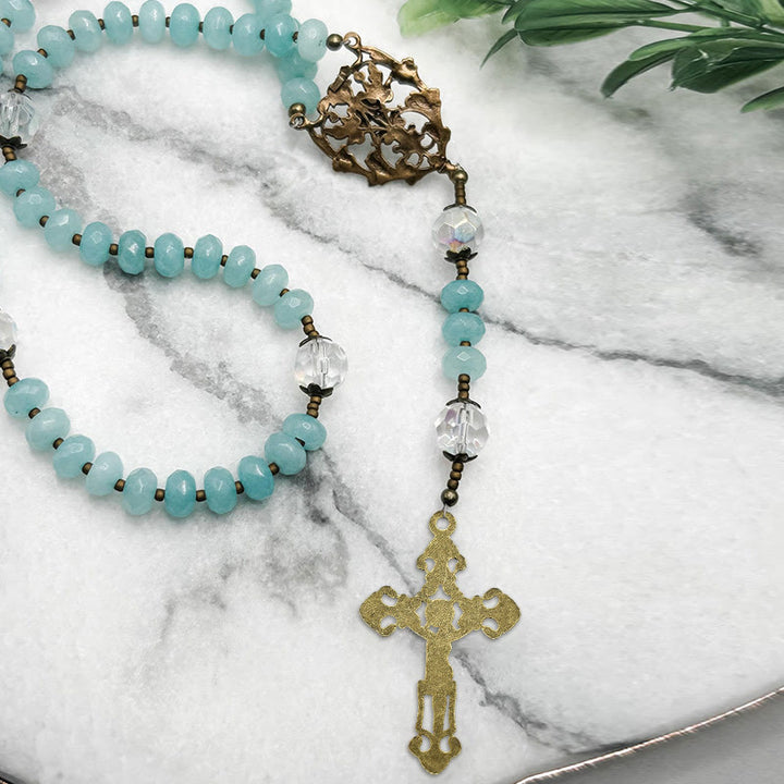 FREE Today: Lorraine Cross & Crucifix of 8 mm Rondelle Aquamarine Stone Alloy Chain Rosary