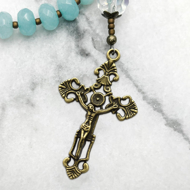 FREE Today: Lorraine Cross & Crucifix of 8 mm Rondelle Aquamarine Stone Alloy Chain Rosary