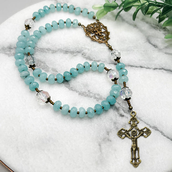 FREE Today: Lorraine Cross & Crucifix of 8 mm Rondelle Aquamarine Stone Alloy Chain Rosary