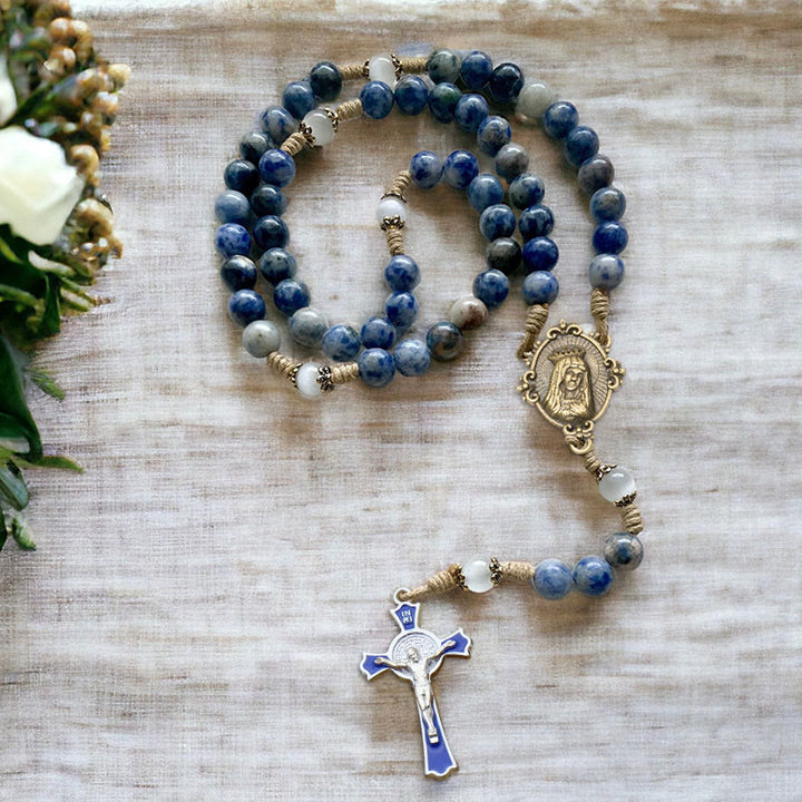 FREE Today: Immaculate Heart of Mary & Crucifix of 8 mm Round Blue Stone Nylon Cord Rosary