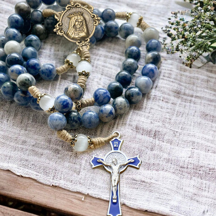 Immaculate Heart of Mary & Crucifix of 8 mm Round Blue Stone Nylon Cord Rosary