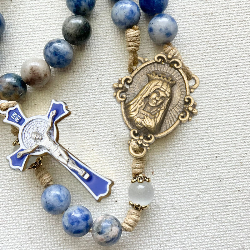 FREE Today: Immaculate Heart of Mary & Crucifix of 8 mm Round Blue Stone Nylon Cord Rosary