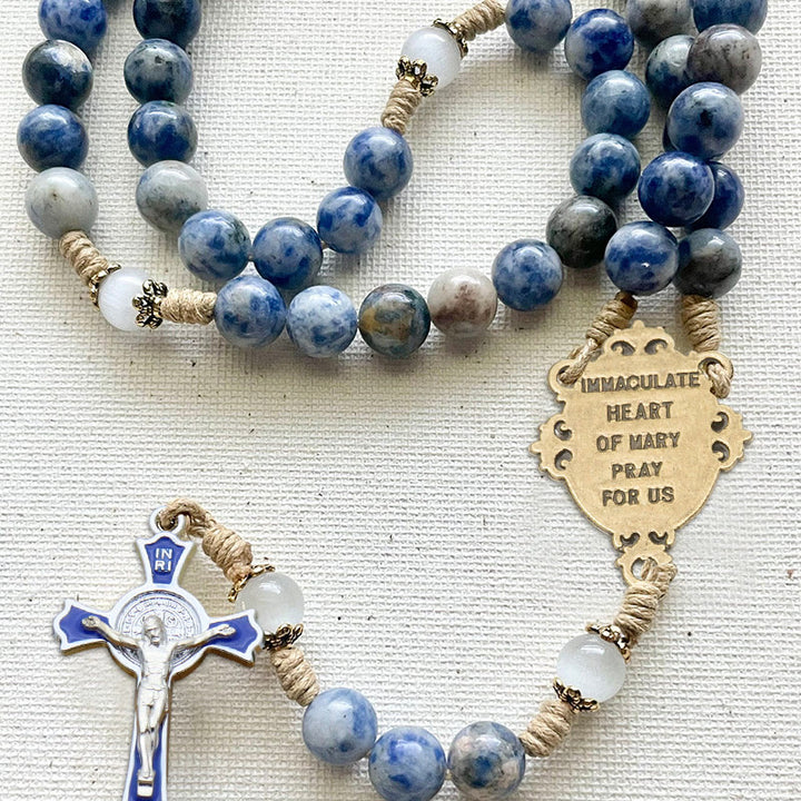 Immaculate Heart of Mary & Crucifix of 8 mm Round Blue Stone Nylon Cord Rosary