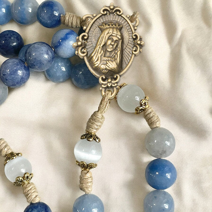 FREE Today: Immaculate Heart of Mary & Crucifix of 8 mm Round Blue Stone Nylon Cord Rosary