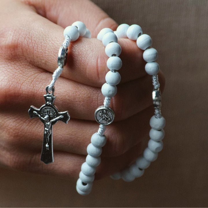 FREE Today: Blessed Mother & Sacred Heart & Crucifix of 6 mm Round White Wood Nylon Cord Rosary