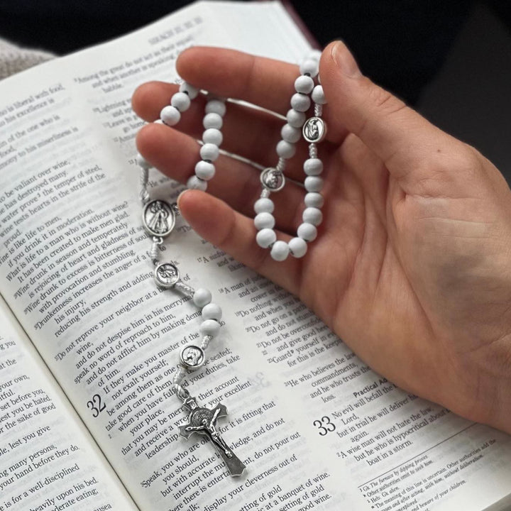 FREE Today: Blessed Mother & Sacred Heart & Crucifix of 6 mm Round White Wood Nylon Cord Rosary