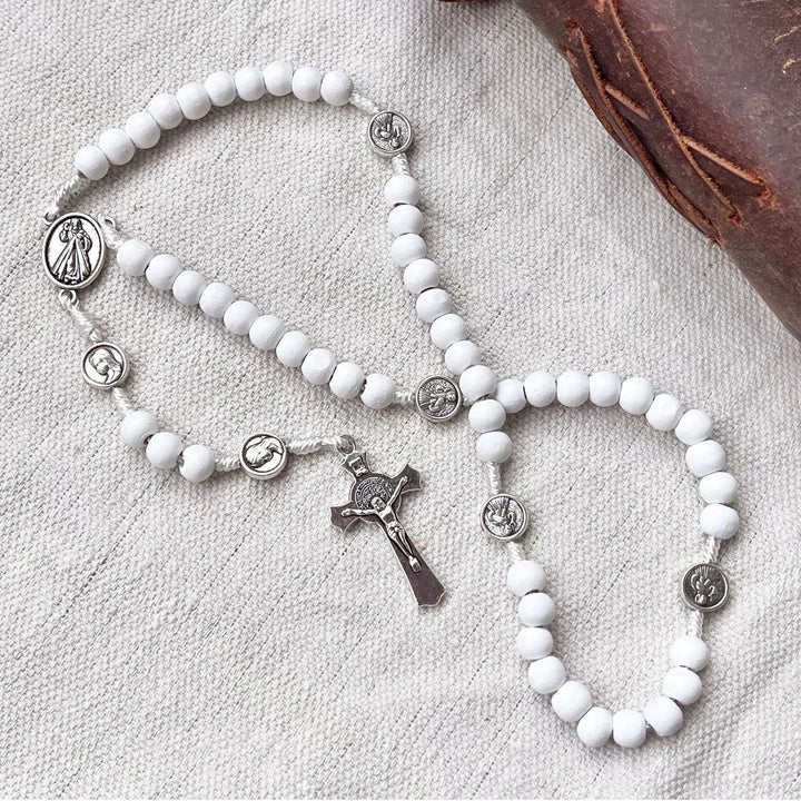 FREE Today: Blessed Mother & Sacred Heart & Crucifix of 6 mm Round White Wood Nylon Cord Rosary