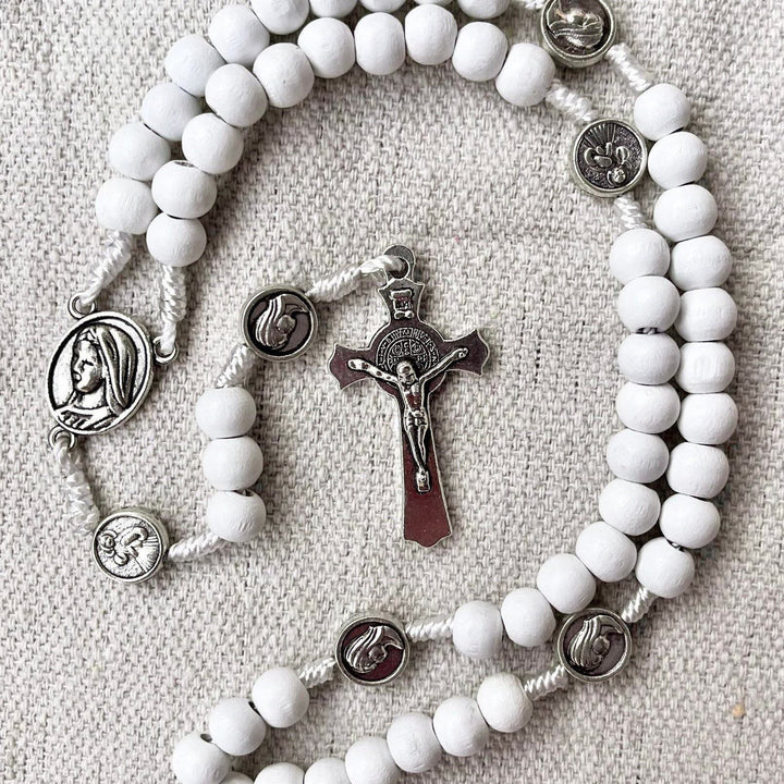 FREE Today: Blessed Mother & Sacred Heart & Crucifix of 6 mm Round White Wood Nylon Cord Rosary