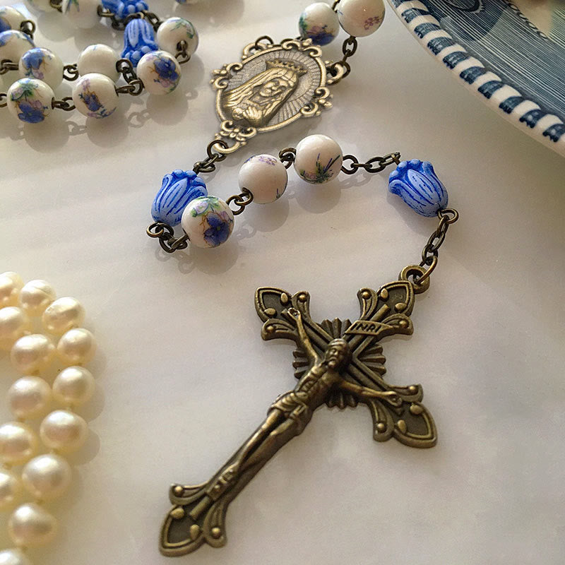 Christianartworkshop Immaculate Heart of Mary & Crucifix of 8 mm Round Blue Floral Acrylic Alloy Chain Rosary