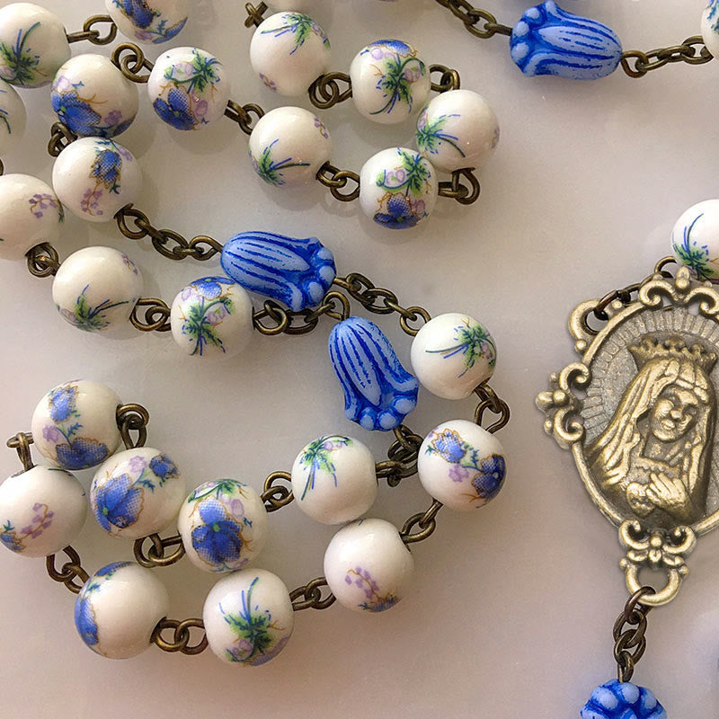 FREE Today: Immaculate Heart of Mary & Crucifix of 8 mm Round Blue Floral Acrylic Alloy Chain Rosary