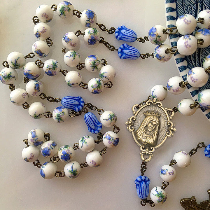 Christianartworkshop Immaculate Heart of Mary & Crucifix of 8 mm Round Blue Floral Acrylic Alloy Chain Rosary