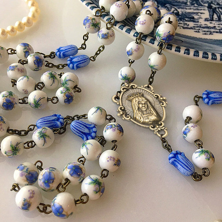 Christianartworkshop Immaculate Heart of Mary & Crucifix of 8 mm Round Blue Floral Acrylic Alloy Chain Rosary