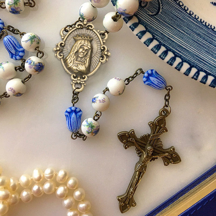 Christianartworkshop Immaculate Heart of Mary & Crucifix of 8 mm Round Blue Floral Acrylic Alloy Chain Rosary