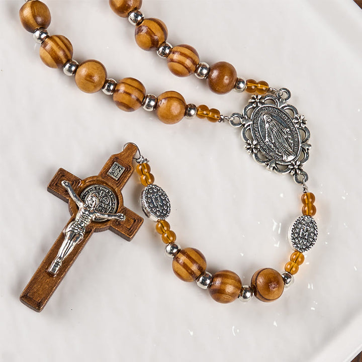 FREE Today: Miraculous Medal & Crucifix of 8 mm Round Brown Wood Nylon Cord Rosary