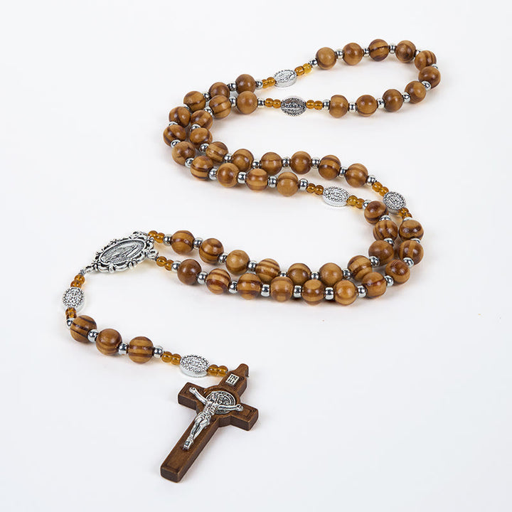 FREE Today: Miraculous Medal & Crucifix of 8 mm Round Brown Wood Nylon Cord Rosary