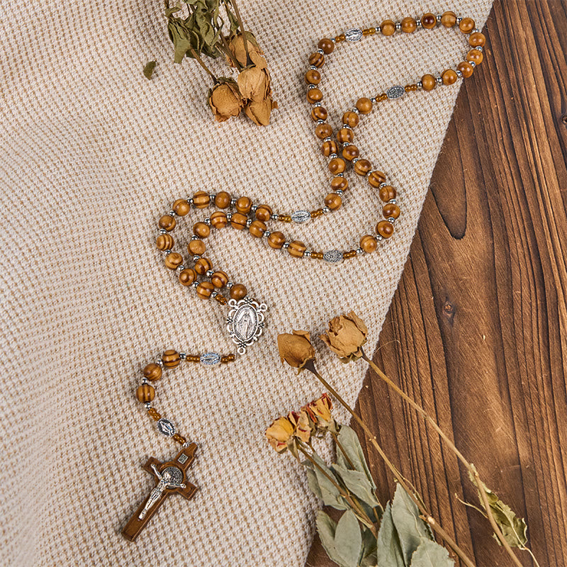8mm Brown Wood Rosary with Miraculous Medal & Crucifix | 5-Decade