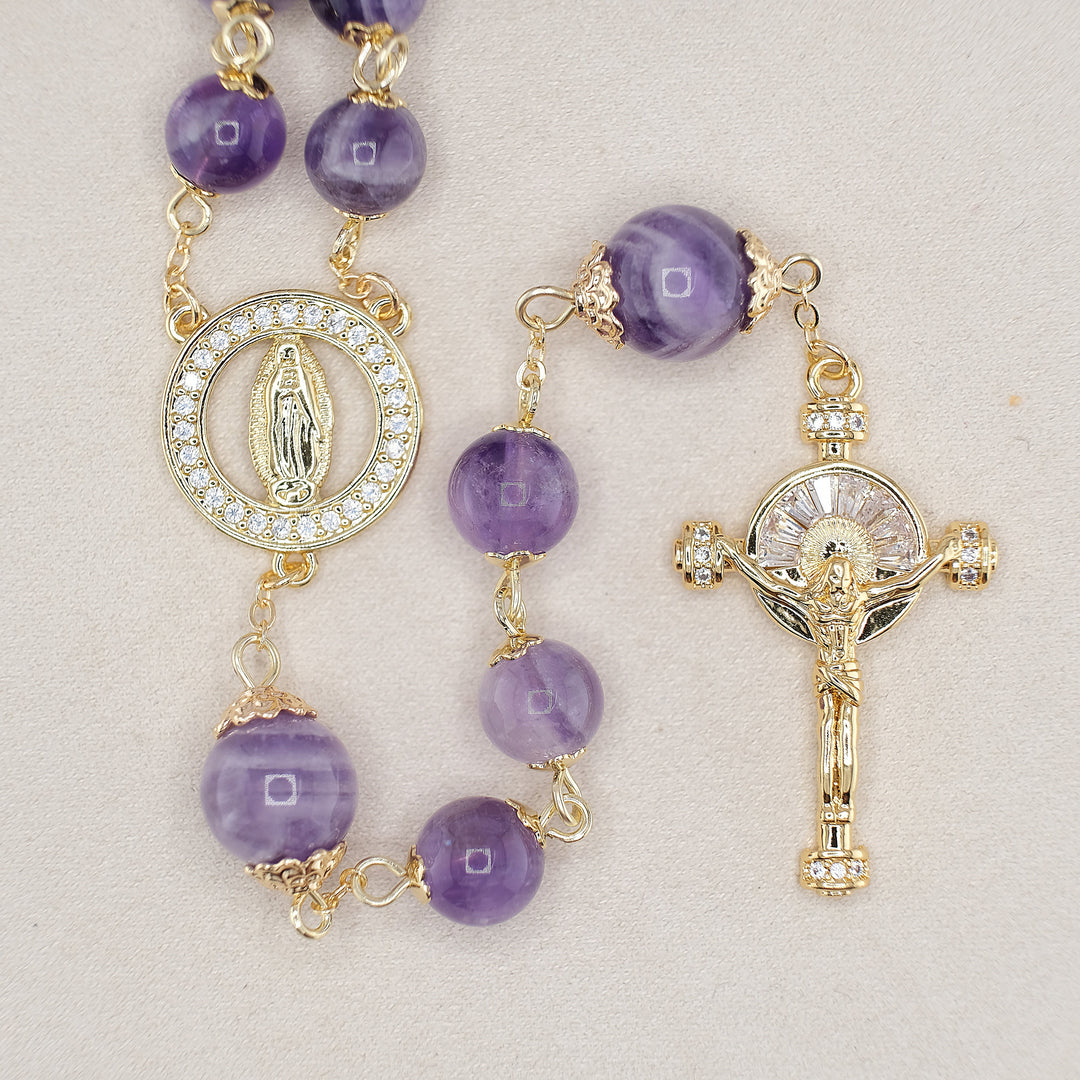 Christianartworkshop Our Lady of Guadalupe & Crucifix of 8mm Round Purple Crystal Rosary